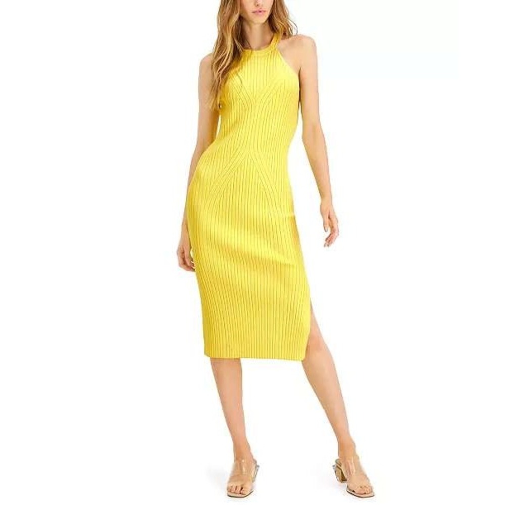 INC International Concepts Sunbeam Yellow Ribbed Halter Midi Dress Large